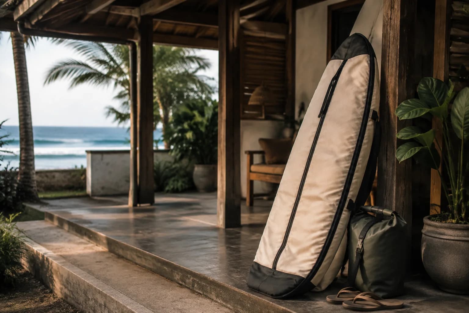 Tas papan surf di samping penginapan pesisir Indonesia