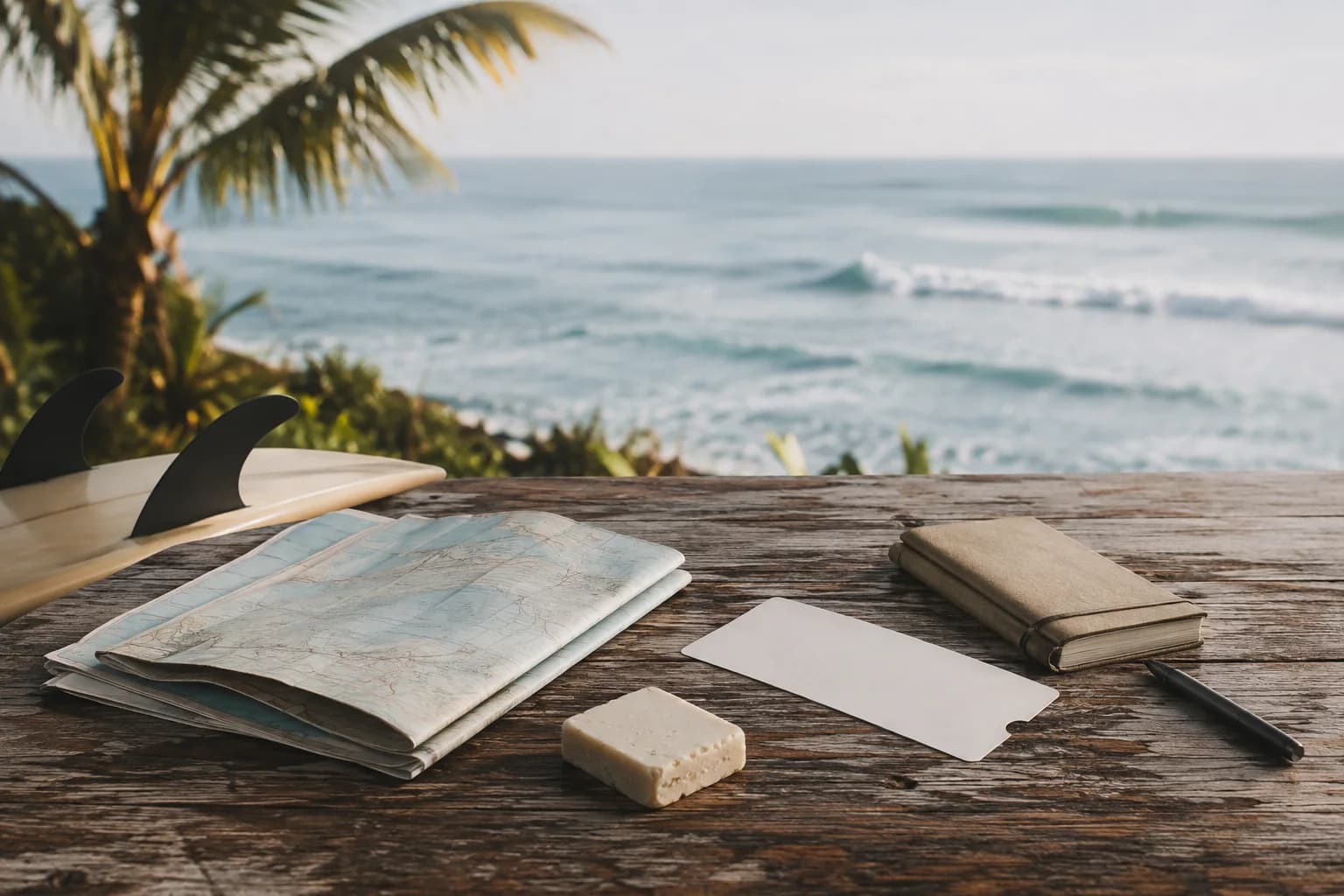 An unbranded surf travel planning still life beside the coast