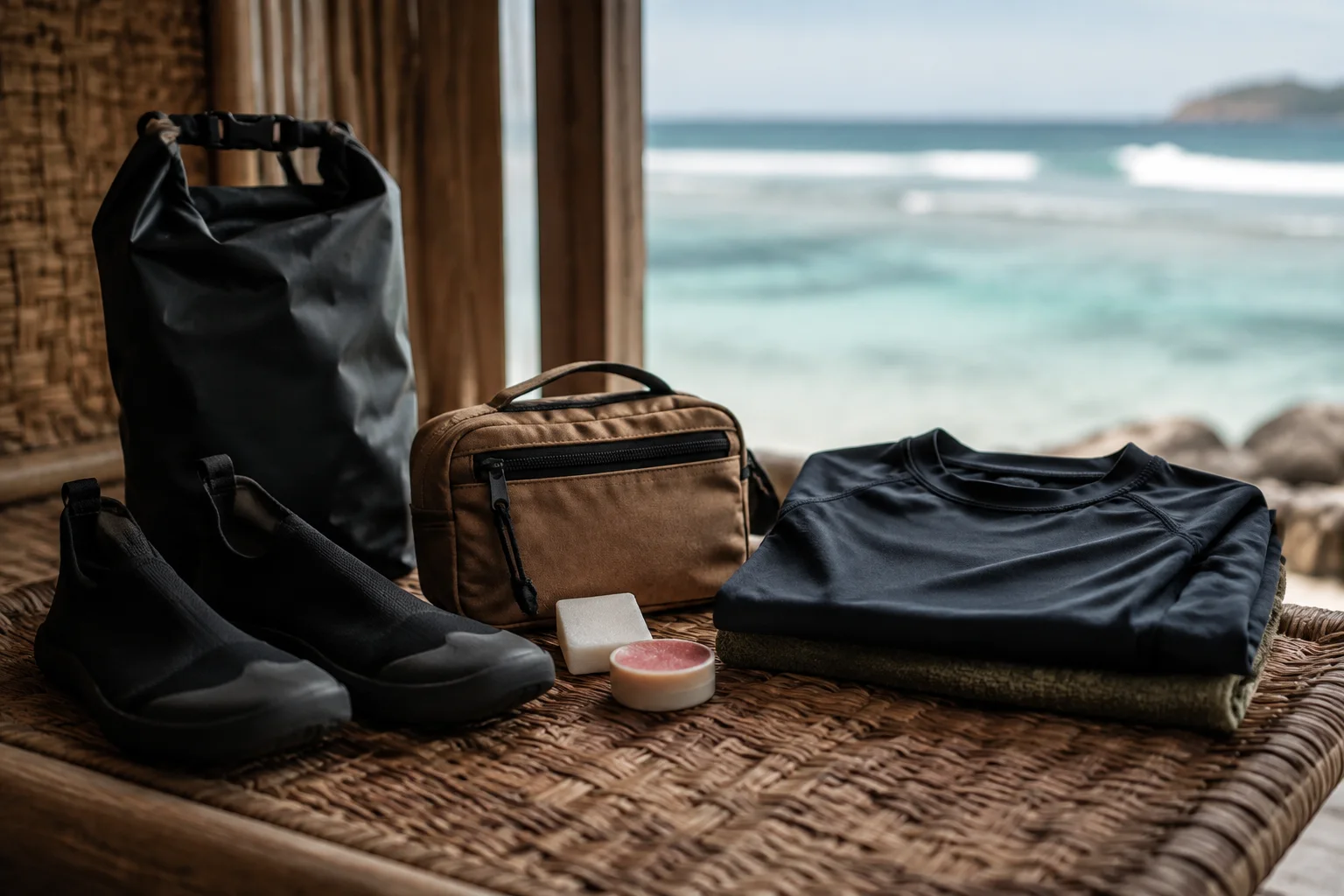 Reef-trip essentials arranged on a woven Indonesian guesthouse bench