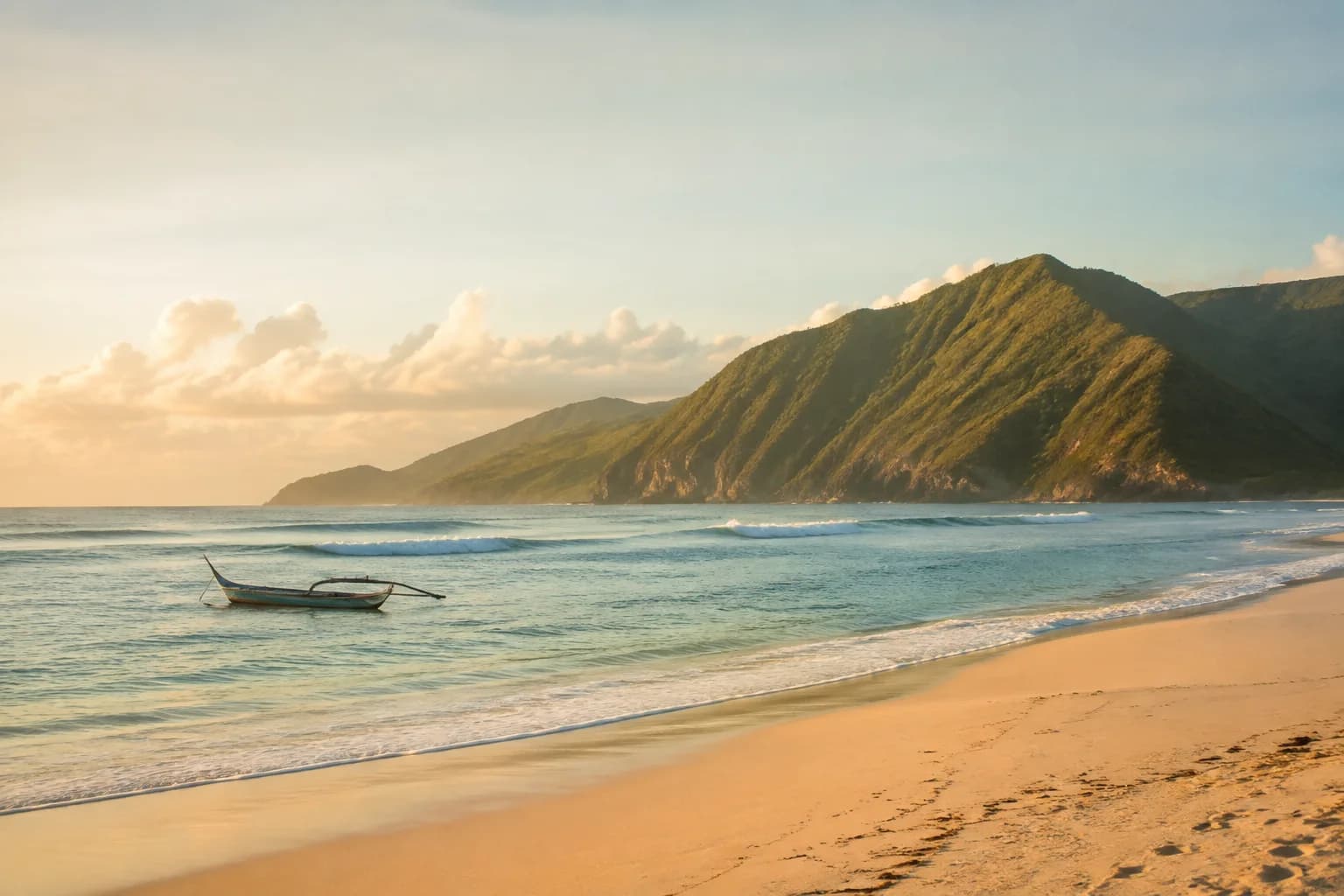 A small boat in a quiet South Lombok bay at dawn