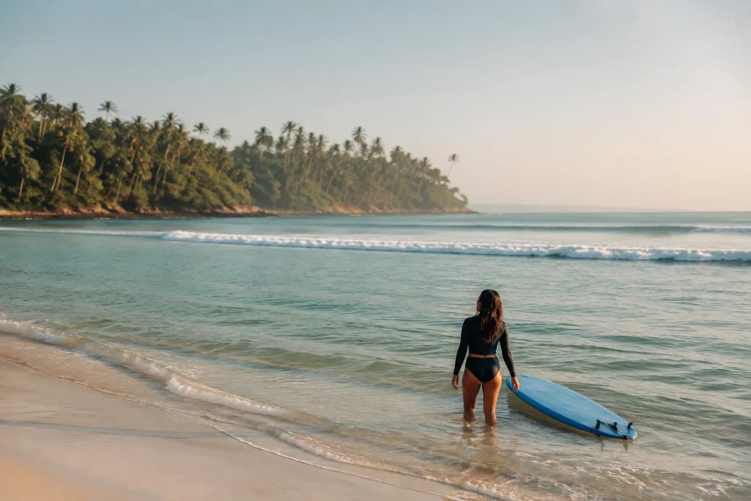 Seorang pemula di samping softboard di beach break Indonesia yang tenang