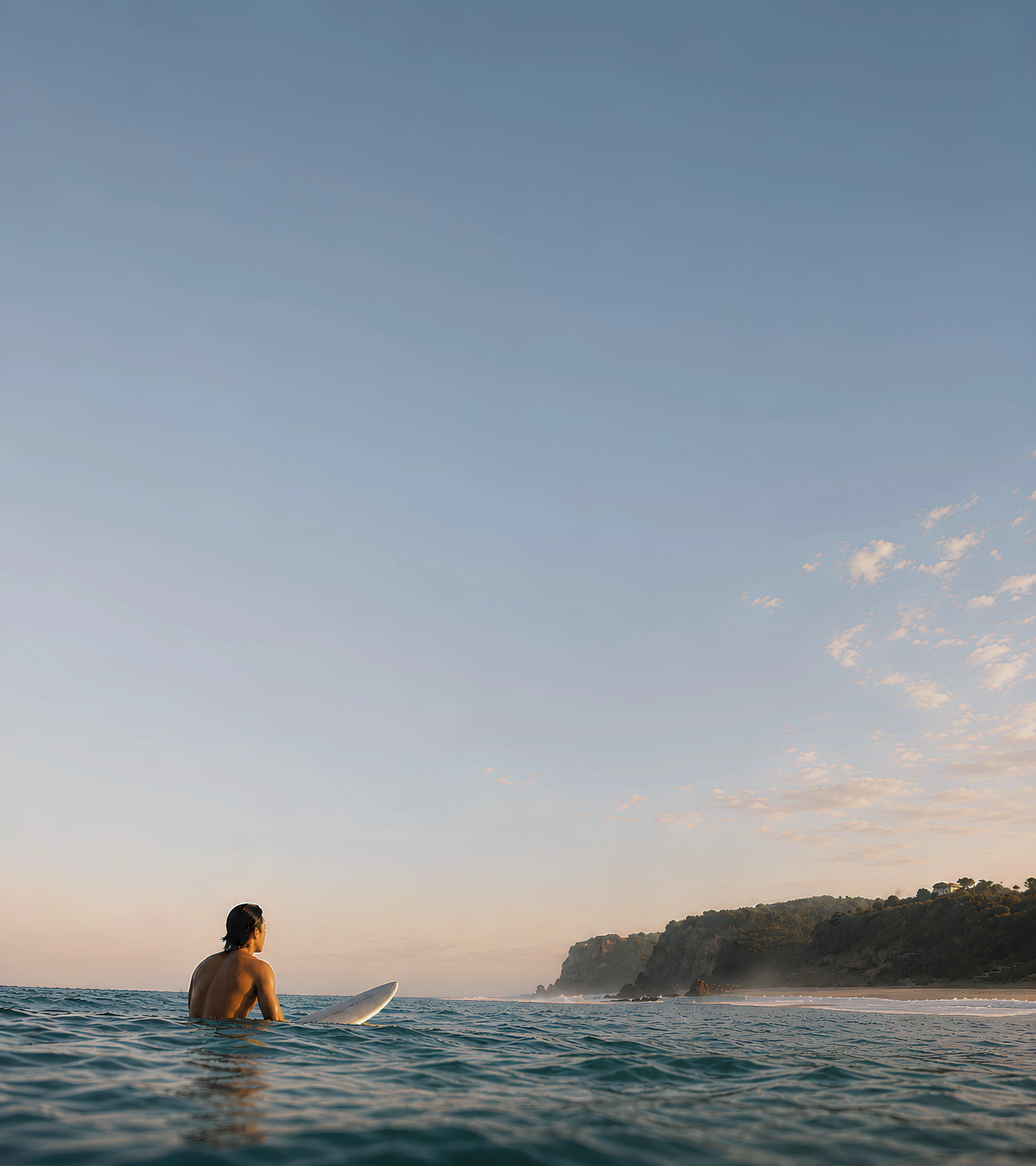 Peselancar duduk di atas papan, menatap garis pantai tropis saat golden hour